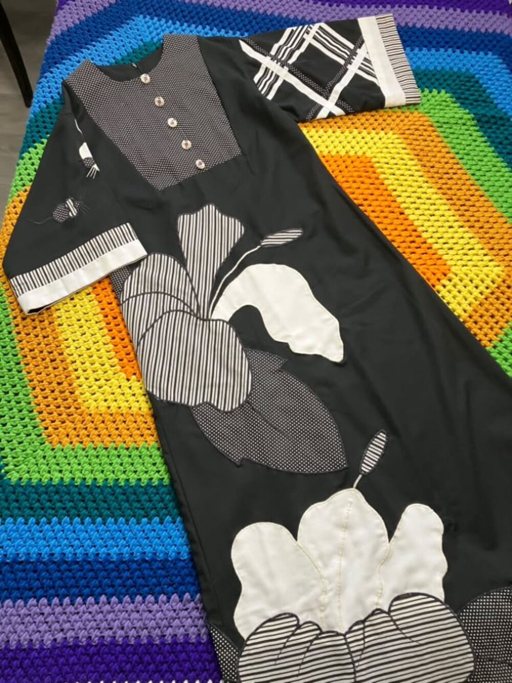 80's Vintage Alfredo's Wife Black White Polka Dot Stripe Patchwork Kaftan Caftan